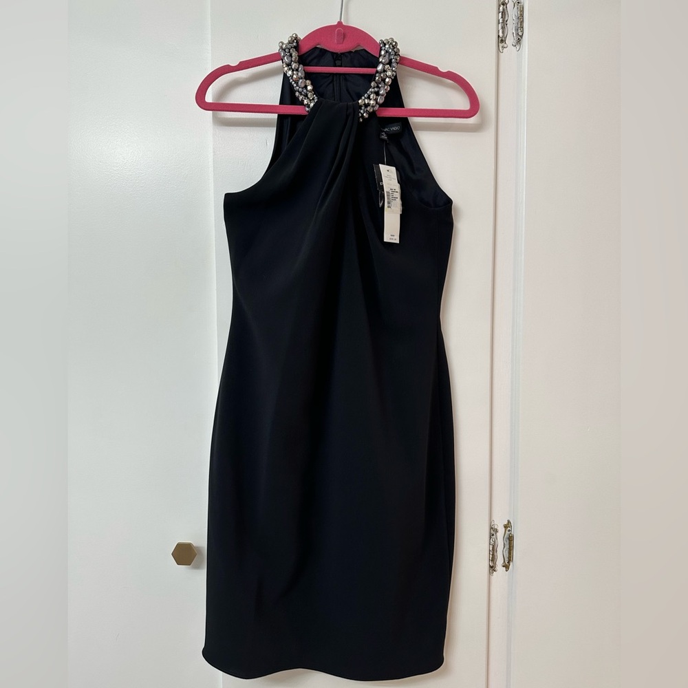 Carmen Marc Valvo Elegant Black Dress with Embellished Neckline